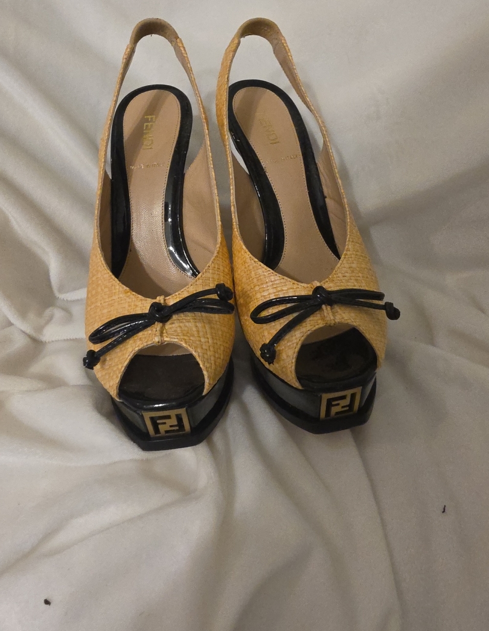 Fendi Yellow Woven Peep-Toe Slingback Heels with Black Trim